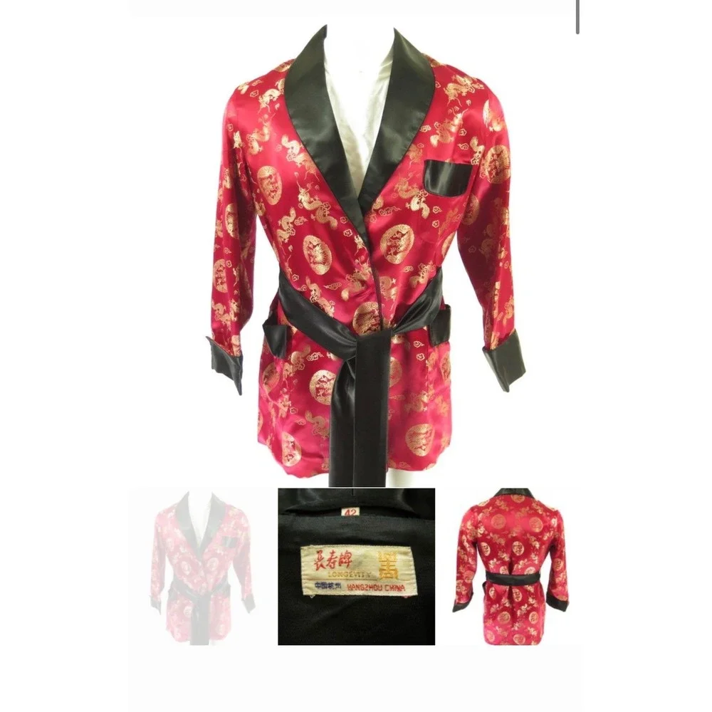 Vintage 70s Solz Squirrel Dragon Brocade Kimono Short Robe Mens 52/L Red Black